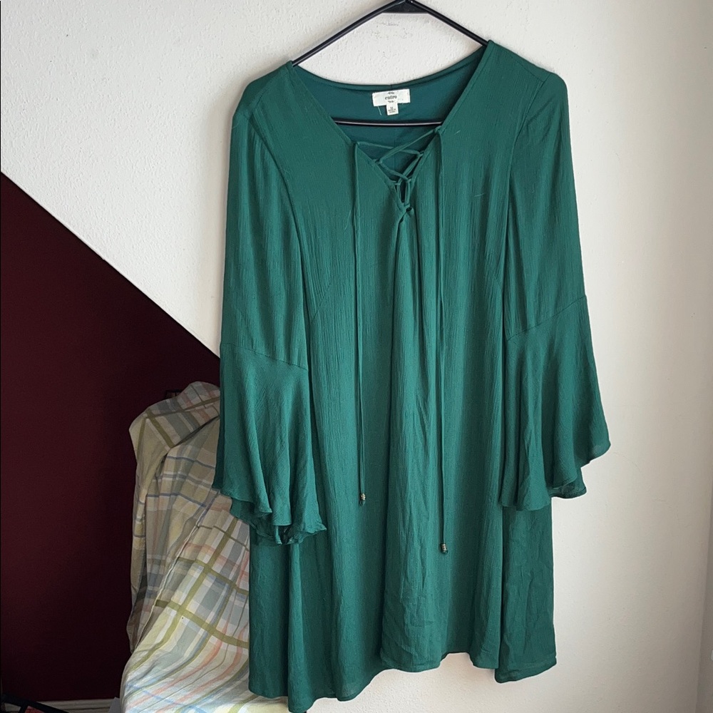 Entro Forest Green Bell Sleeves A-line Mini Dress with Lace-Up Detail M